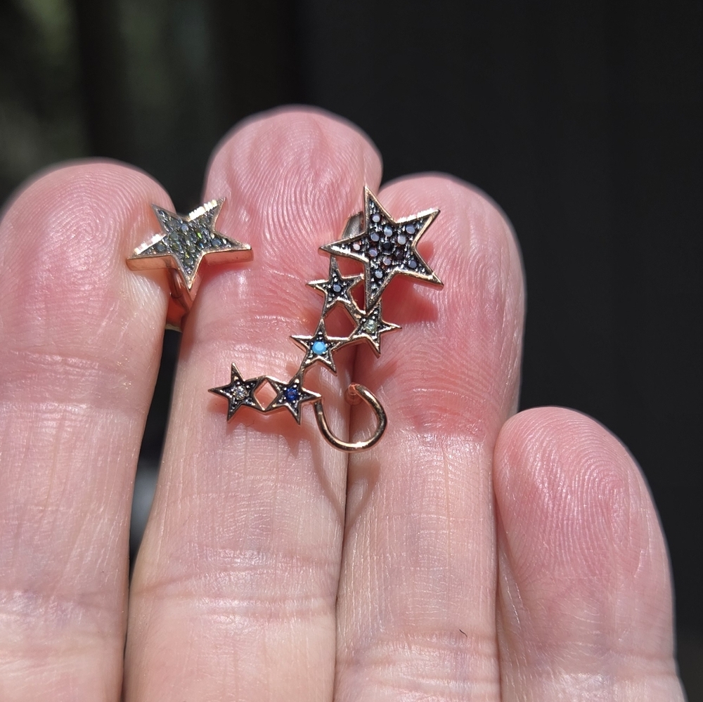 Gold Star ear cuff & stud multi colored gems Sterling & Gold - Picture 11 of 11